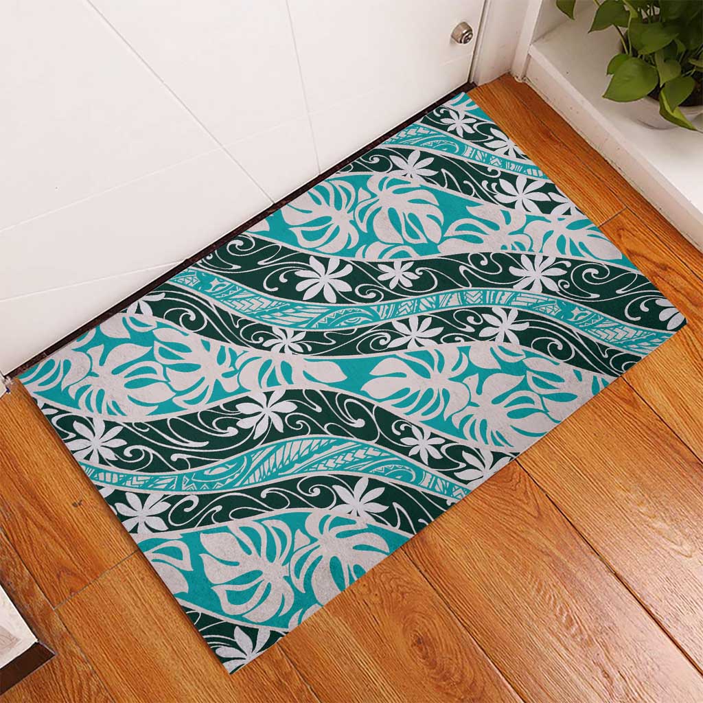 Cyan Tahiti Tiare Monstera Rubber Doormat Polynesian Pattern Curve Style - Polynesian Pride