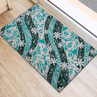 Cyan Tahiti Tiare Monstera Rubber Doormat Polynesian Pattern Curve Style - Polynesian Pride