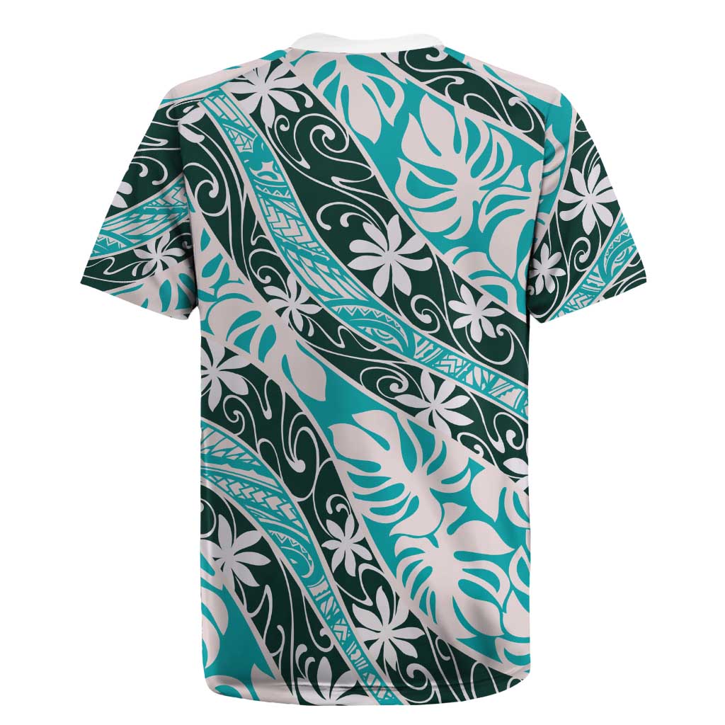 Cyan Tahiti Tiare Monstera Rugby Jersey Polynesian Pattern Curve Style - Polynesian Pride