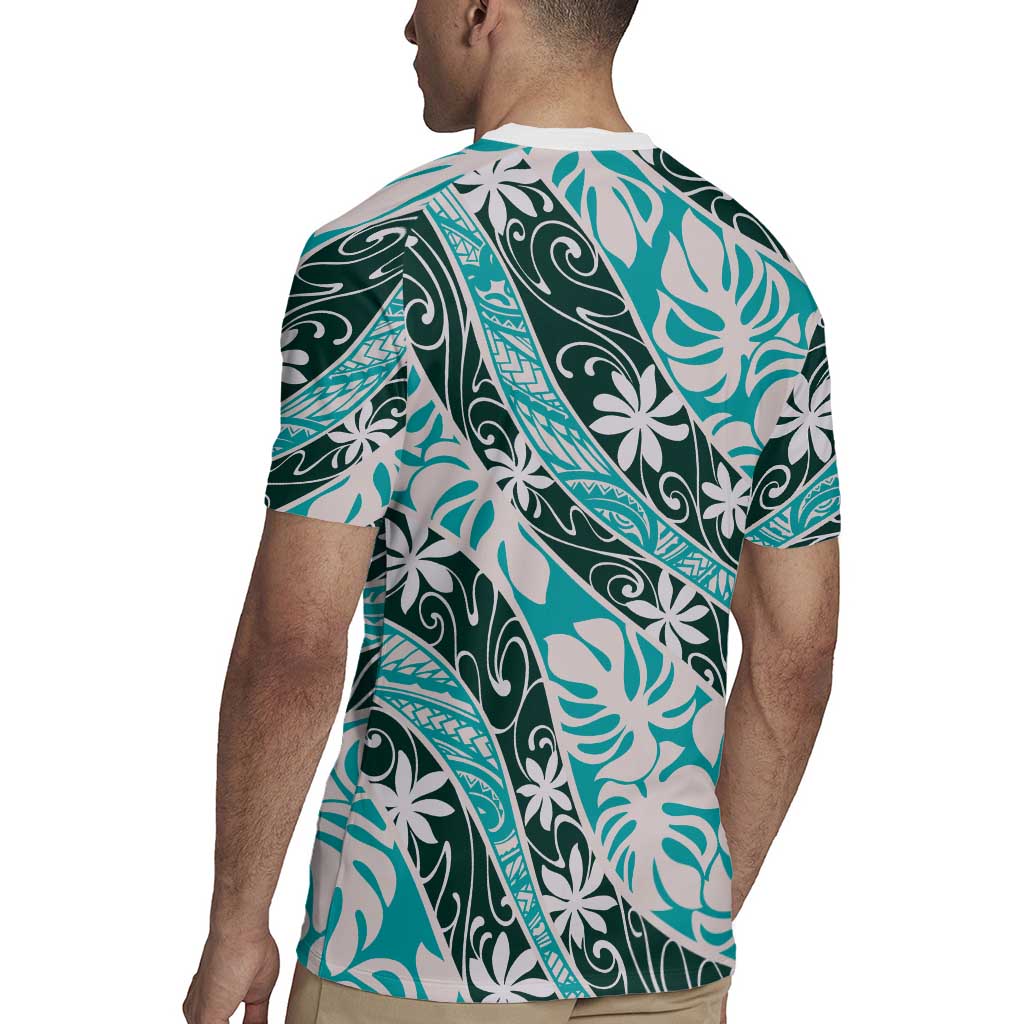 Cyan Tahiti Tiare Monstera Rugby Jersey Polynesian Pattern Curve Style - Polynesian Pride