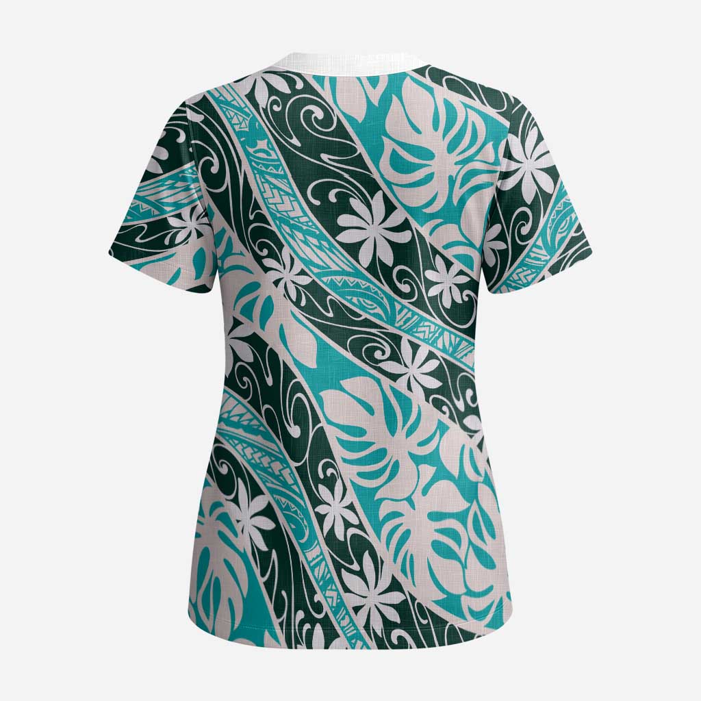 Cyan Tahiti Tiare Monstera Scrub Top Polynesian Pattern Curve Style - Polynesian Pride