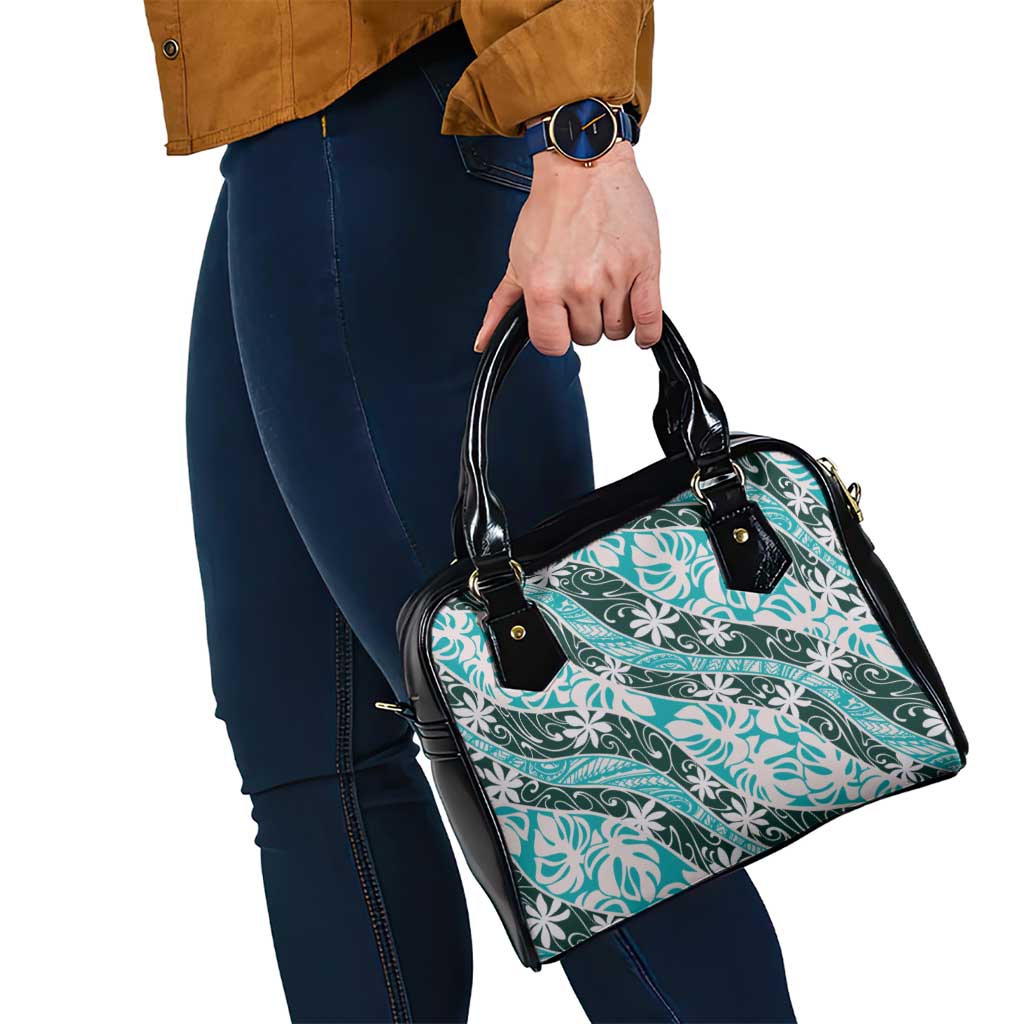 Cyan Tahiti Tiare Monstera Shoulder Handbag Polynesian Pattern Curve Style - Polynesian Pride