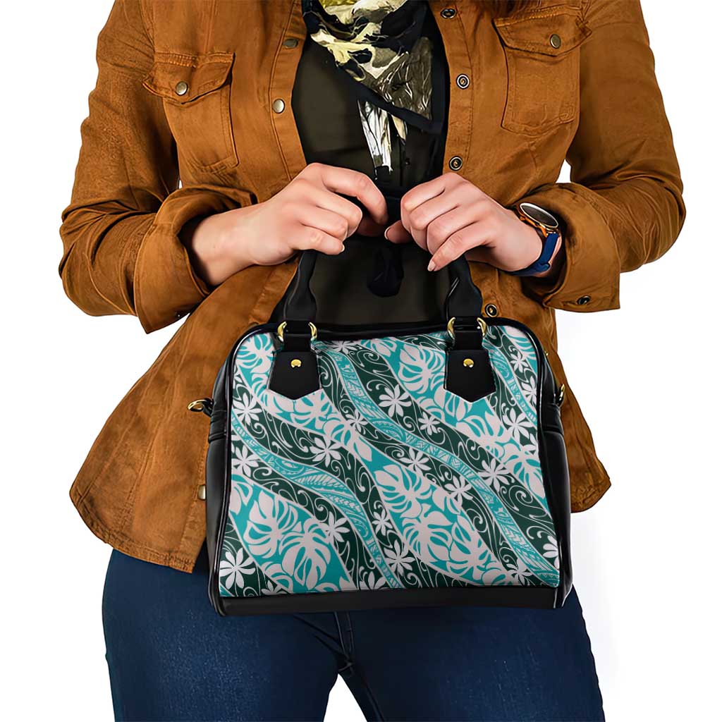 Cyan Tahiti Tiare Monstera Shoulder Handbag Polynesian Pattern Curve Style - Polynesian Pride