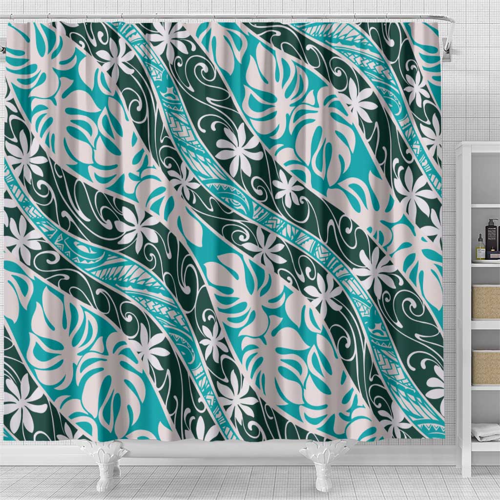 Cyan Tahiti Tiare Monstera Shower Curtain Polynesian Pattern Curve Style - Polynesian Pride