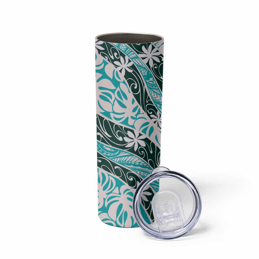 Cyan Tahiti Tiare Monstera Skinny Tumbler Polynesian Pattern Curve Style - Polynesian Pride