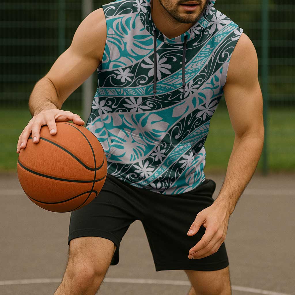 Cyan Tahiti Tiare Monstera Sleeveless Hoodie Polynesian Pattern Curve Style - Polynesian Pride