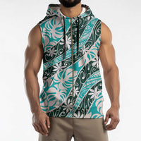 Cyan Tahiti Tiare Monstera Sleeveless Zip Hoodie Polynesian Pattern Curve Style - Polynesian Pride