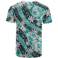 Cyan Tahiti Tiare Monstera T Shirt Polynesian Pattern Curve Style - Polynesian Pride
