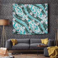 Cyan Tahiti Tiare Monstera Tapestry Polynesian Pattern Curve Style - Polynesian Pride