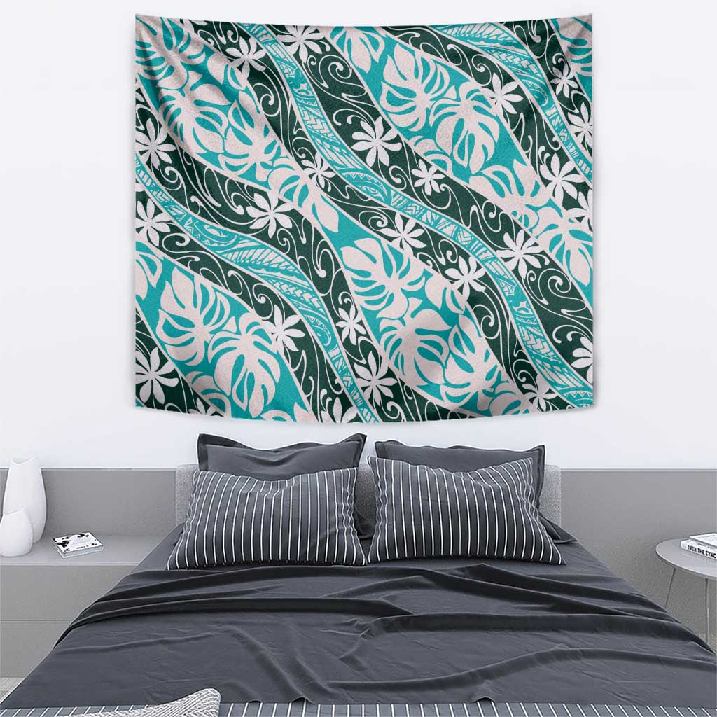 Cyan Tahiti Tiare Monstera Tapestry Polynesian Pattern Curve Style - Polynesian Pride