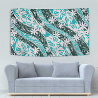 Cyan Tahiti Tiare Monstera Tapestry Polynesian Pattern Curve Style - Polynesian Pride