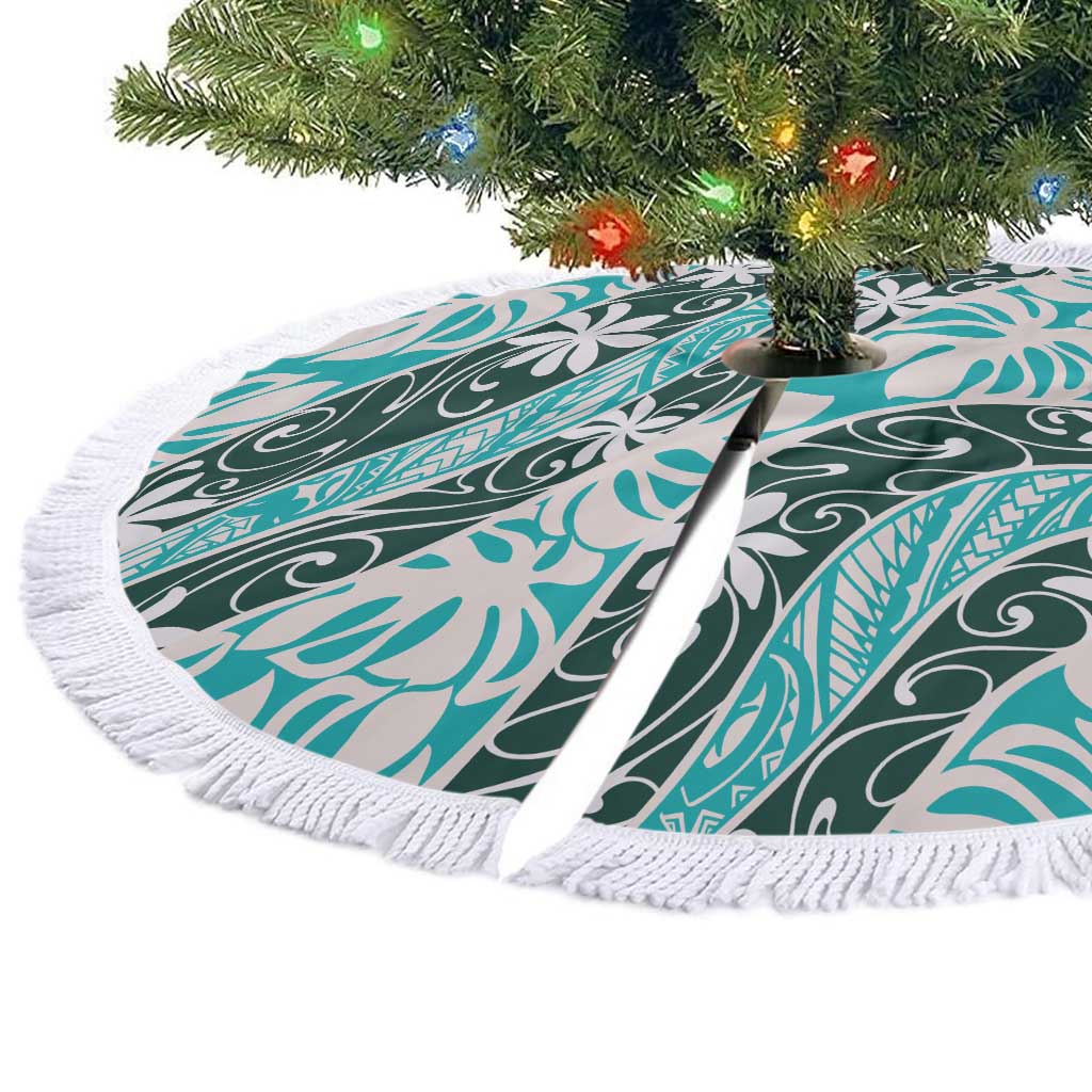Cyan Tahiti Tiare Monstera Tree Skirt Polynesian Pattern Curve Style - Polynesian Pride