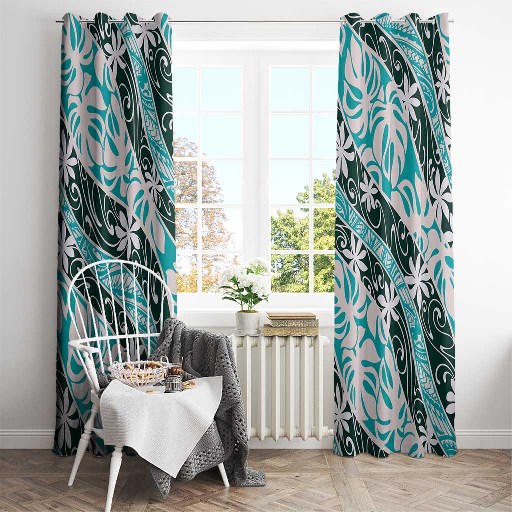 Cyan Tahiti Tiare Monstera Window Curtain Polynesian Pattern Curve Style - Polynesian Pride
