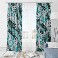 Cyan Tahiti Tiare Monstera Window Curtain Polynesian Pattern Curve Style - Polynesian Pride