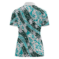 Cyan Tahiti Tiare Monstera Women Polo Shirt Polynesian Pattern Curve Style - Polynesian Pride