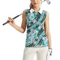 Cyan Tahiti Tiare Monstera Women Sleeveless Polo Shirt Polynesian Pattern Curve Style - Polynesian Pride