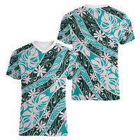 Cyan Tahiti Tiare Monstera Women V-Neck T-Shirt Polynesian Pattern Curve Style - Polynesian Pride