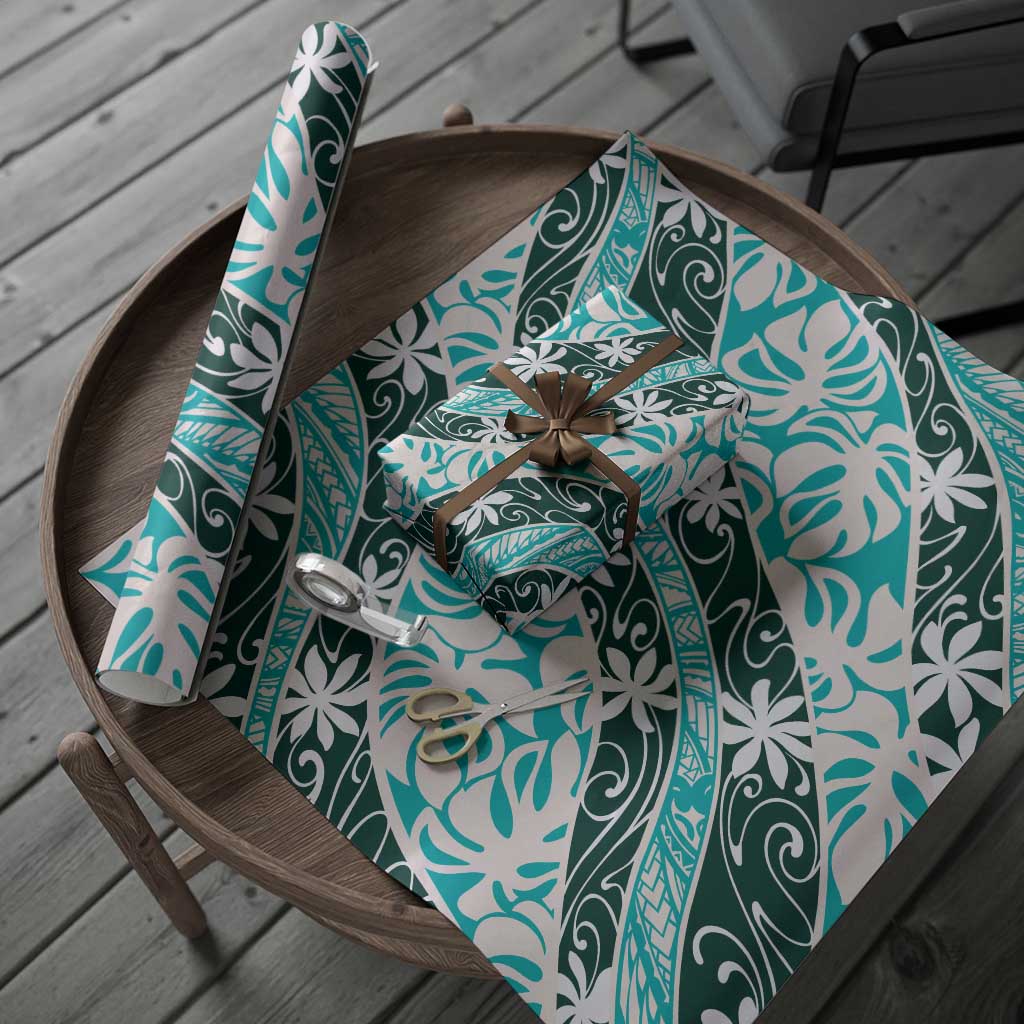 Cyan Tahiti Tiare Monstera Wrapping Paper Polynesian Pattern Curve Style - Polynesian Pride