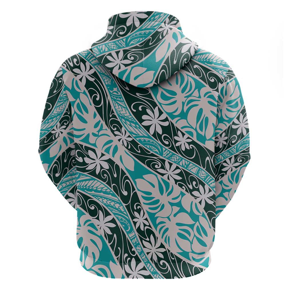 Cyan Tahiti Tiare Monstera Zip Hoodie Polynesian Pattern Curve Style - Polynesian Pride