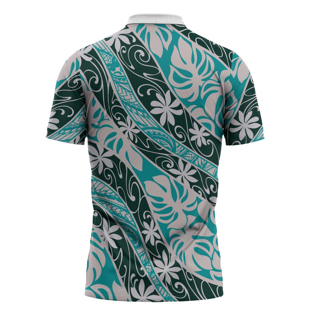 Cyan Tahiti Tiare Monstera Zipper Polo Shirt Polynesian Pattern Curve Style - Polynesian Pride