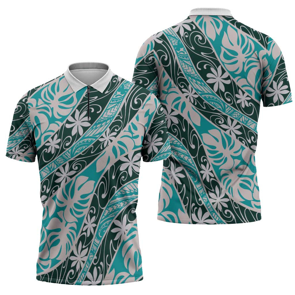 Cyan Tahiti Tiare Monstera Zipper Polo Shirt Polynesian Pattern Curve Style - Polynesian Pride