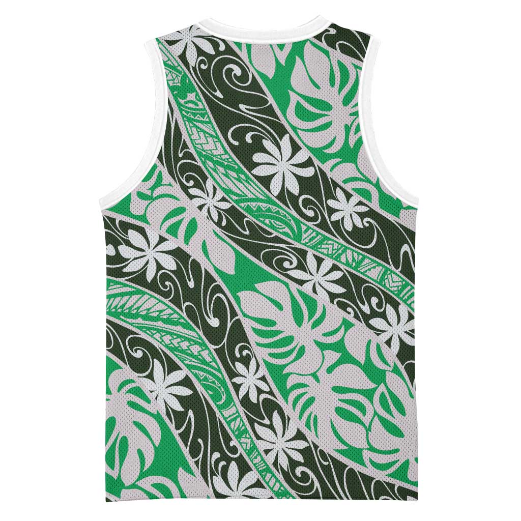 Matie Tahiti Tiare Monstera Basketball Jersey Polynesian Pattern Curve Style - Polynesian Pride