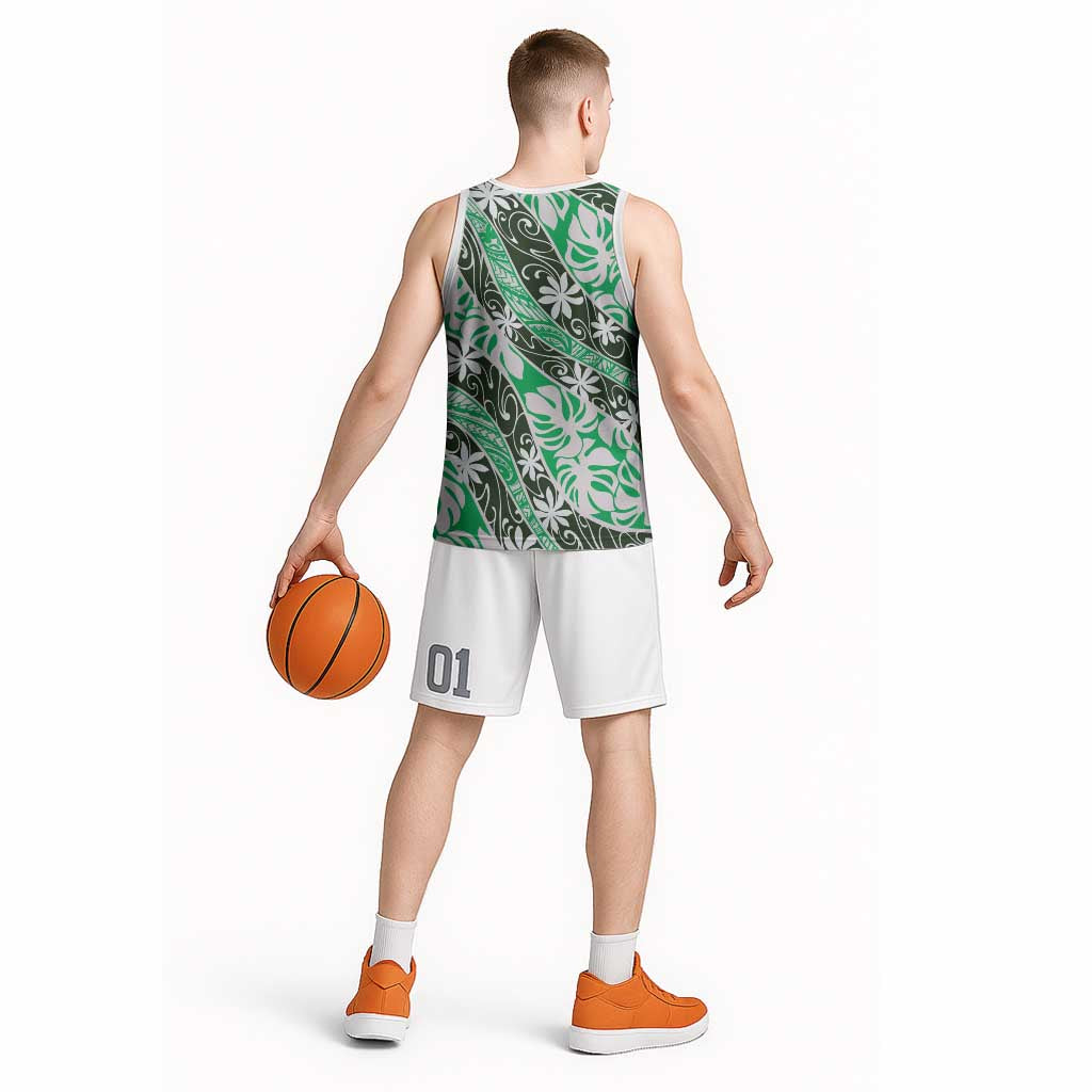 Matie Tahiti Tiare Monstera Basketball Jersey Polynesian Pattern Curve Style - Polynesian Pride