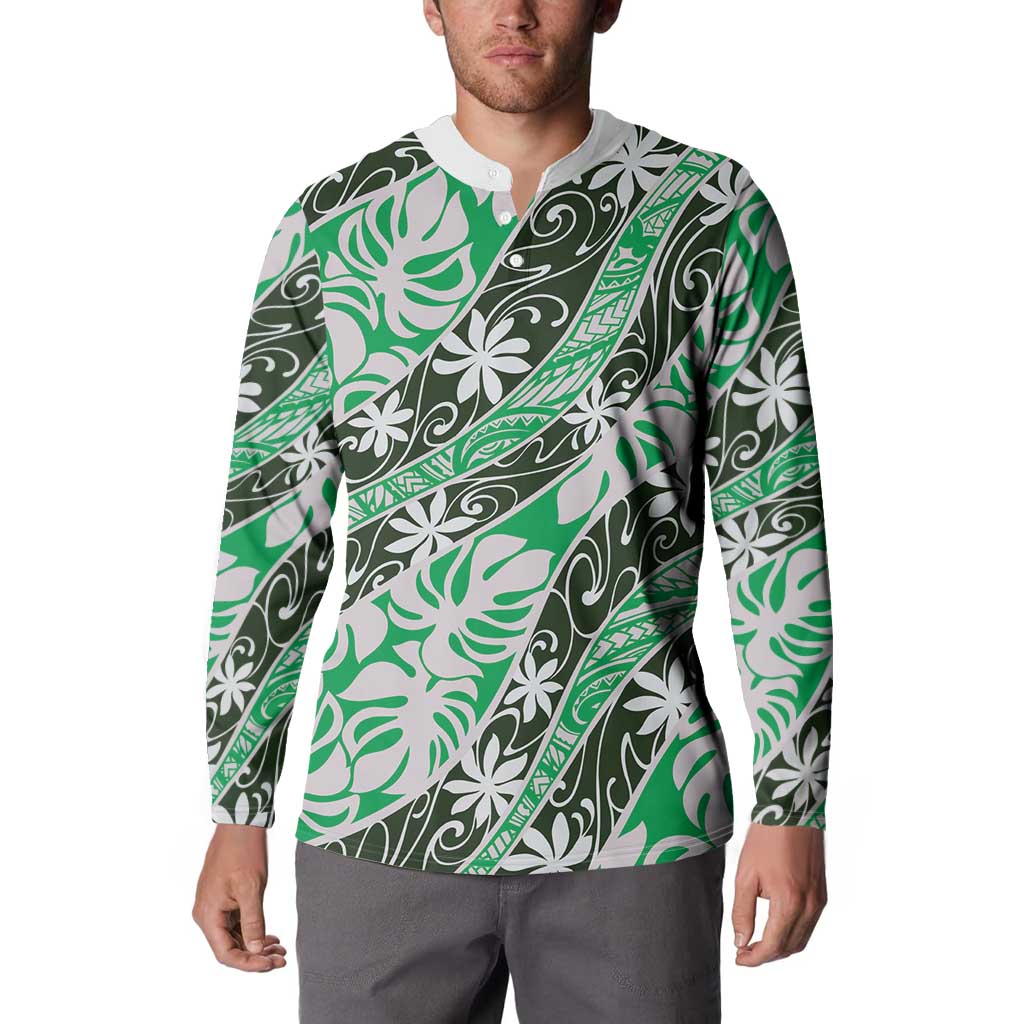 Matie Tahiti Tiare Monstera Button Sweatshirt Polynesian Pattern Curve Style - Polynesian Pride