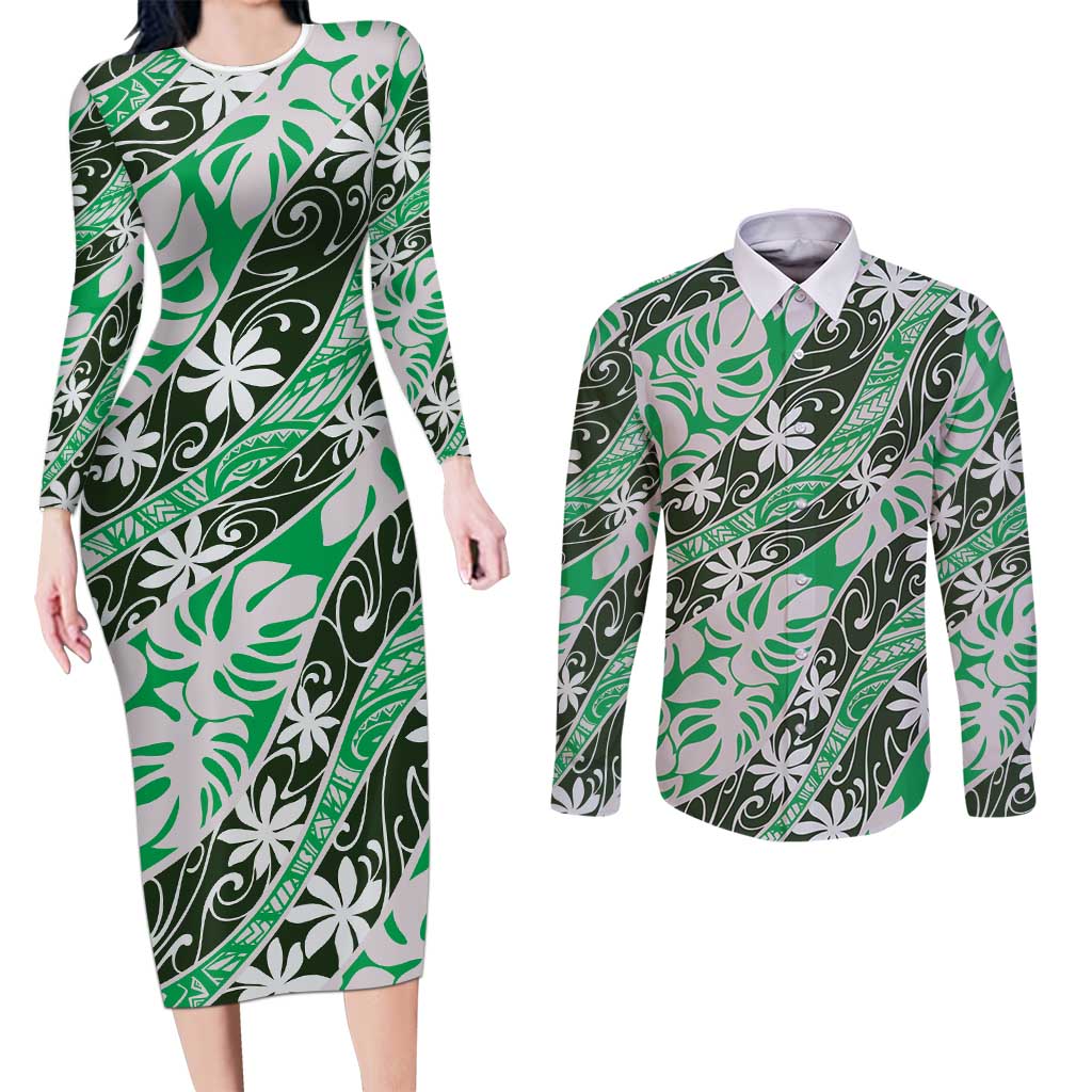 Matie Tahiti Tiare Monstera Couples Matching Long Sleeve Bodycon Dress and Long Sleeve Button Shirt Polynesian Pattern Curve Style - Polynesian Pride
