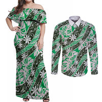 Matie Tahiti Tiare Monstera Couples Matching Off Shoulder Maxi Dress and Long Sleeve Button Shirt Polynesian Pattern Curve Style - Polynesian Pride
