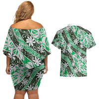 Matie Tahiti Tiare Monstera Couples Matching Off Shoulder Short Dress and Hawaiian Shirt Polynesian Pattern Curve Style - Polynesian Pride