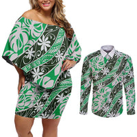 Matie Tahiti Tiare Monstera Couples Matching Off Shoulder Short Dress and Long Sleeve Button Shirt Polynesian Pattern Curve Style - Polynesian Pride