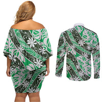 Matie Tahiti Tiare Monstera Couples Matching Off Shoulder Short Dress and Long Sleeve Button Shirt Polynesian Pattern Curve Style - Polynesian Pride
