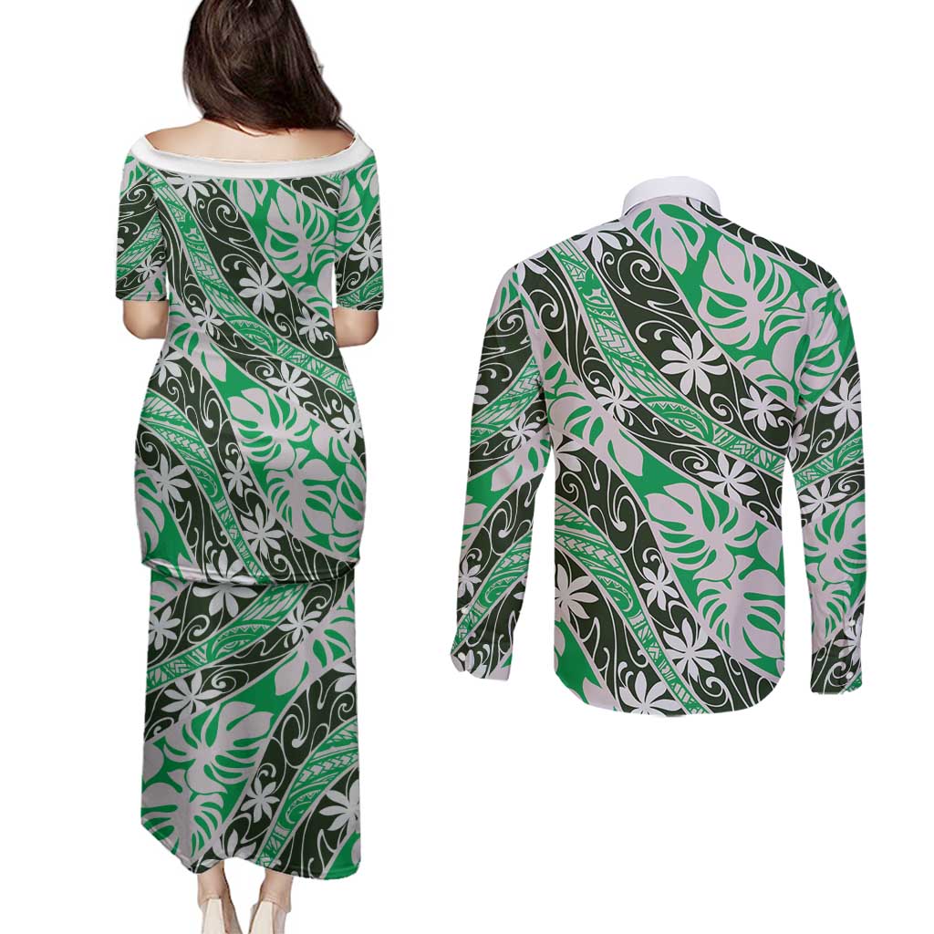 Matie Tahiti Tiare Monstera Couples Matching Puletasi and Long Sleeve Button Shirt Polynesian Pattern Curve Style - Polynesian Pride