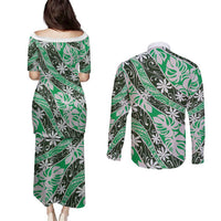 Matie Tahiti Tiare Monstera Couples Matching Puletasi and Long Sleeve Button Shirt Polynesian Pattern Curve Style - Polynesian Pride