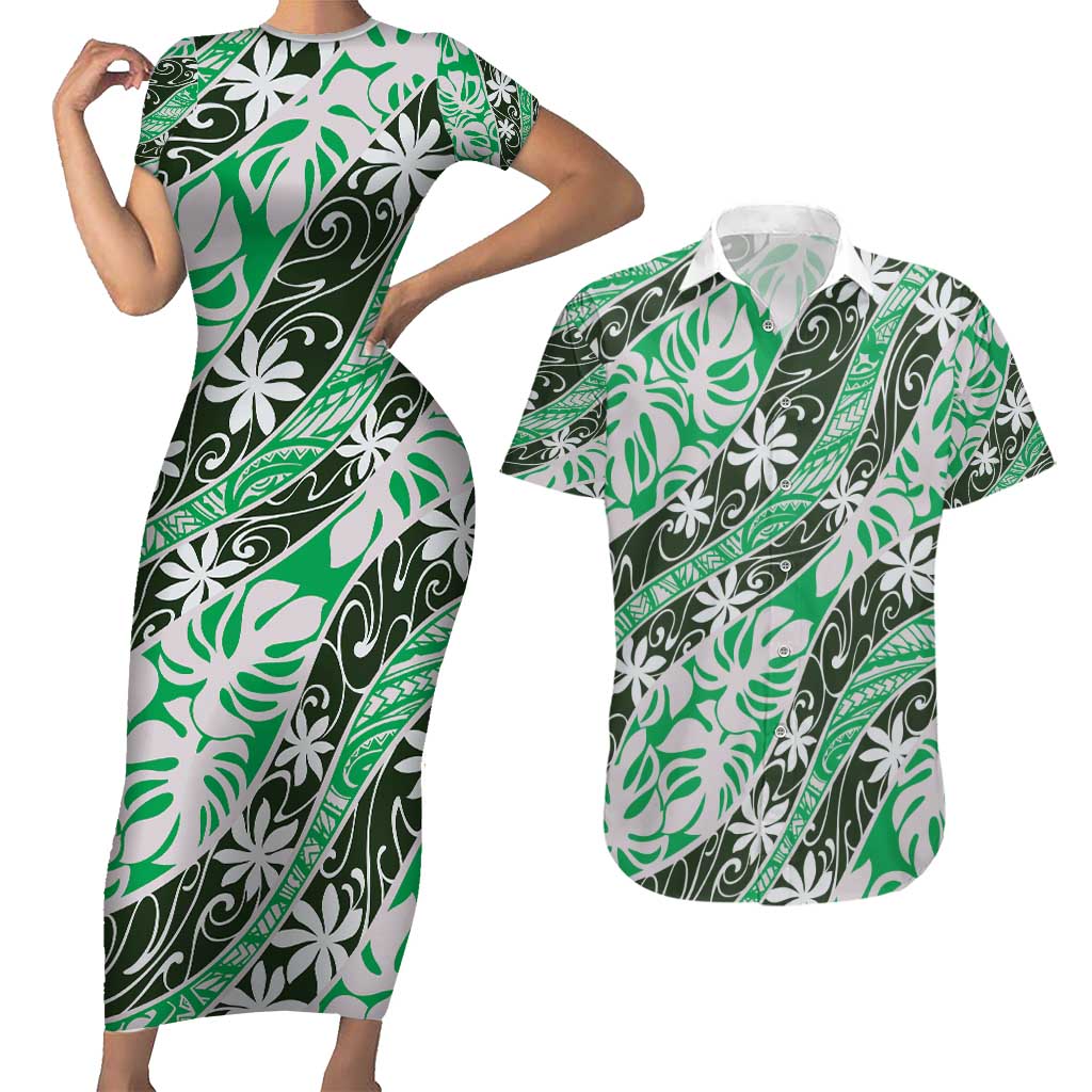 Matie Tahiti Tiare Monstera Couples Matching Short Sleeve Bodycon Dress and Hawaiian Shirt Polynesian Pattern Curve Style - Polynesian Pride