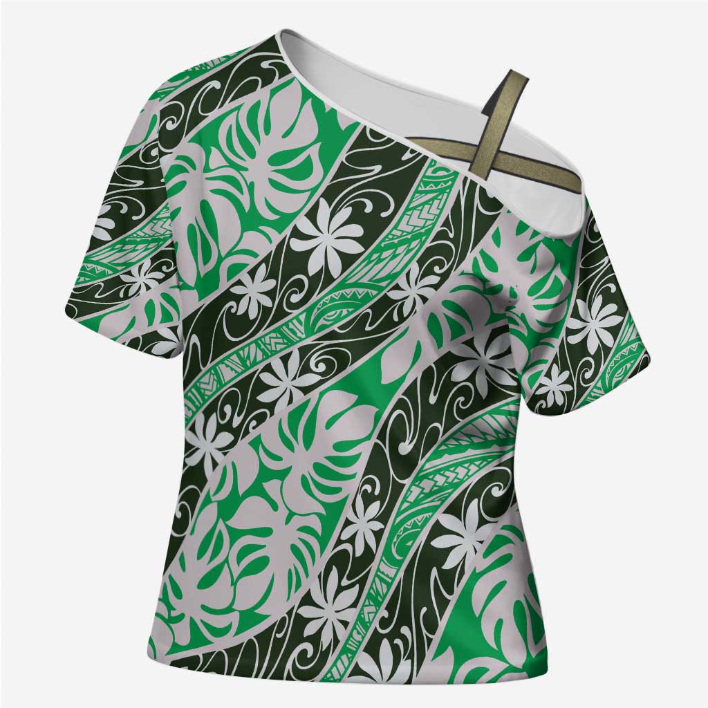 Matie Tahiti Tiare Monstera Cross Shoulder Shirt Polynesian Pattern Curve Style - Polynesian Pride