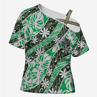 Matie Tahiti Tiare Monstera Cross Shoulder Shirt Polynesian Pattern Curve Style - Polynesian Pride
