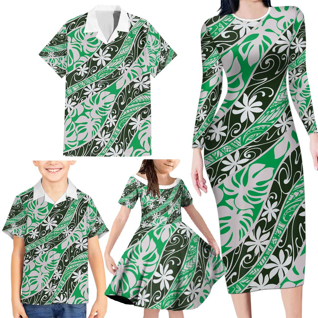 Matie Tahiti Tiare Monstera Family Matching Long Sleeve Bodycon Dress and Hawaiian Shirt Polynesian Pattern Curve Style - Polynesian Pride