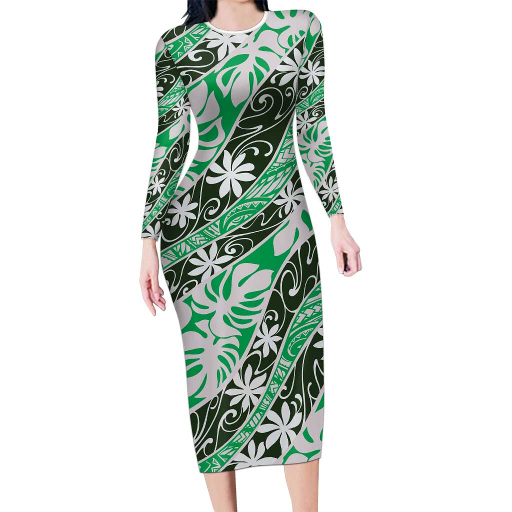 Matie Tahiti Tiare Monstera Family Matching Long Sleeve Bodycon Dress and Hawaiian Shirt Polynesian Pattern Curve Style - Polynesian Pride