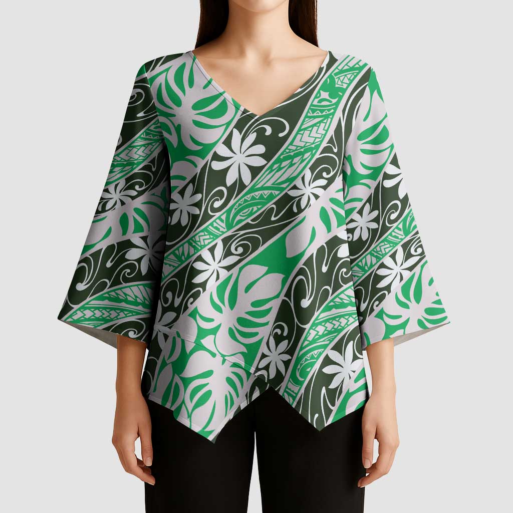 Matie Tahiti Tiare Monstera Kimono Sleeve Blouse Polynesian Pattern Curve Style - Polynesian Pride