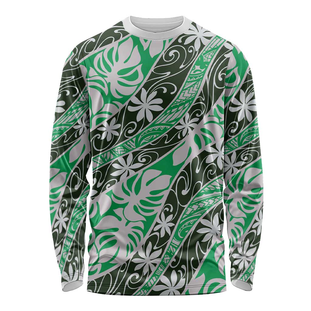 Matie Tahiti Tiare Monstera Long Sleeve Shirt Polynesian Pattern Curve Style - Polynesian Pride