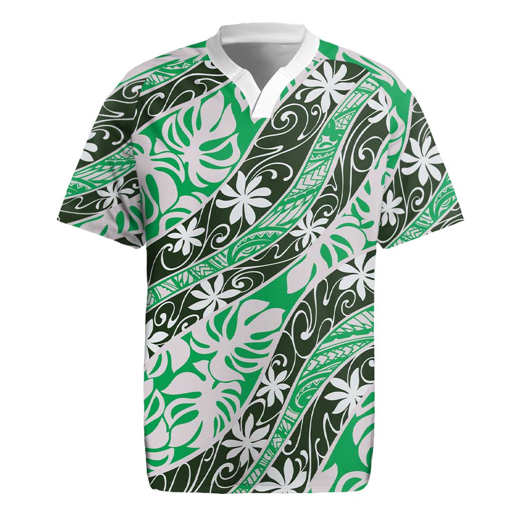 Matie Tahiti Tiare Monstera Rugby Jersey Polynesian Pattern Curve Style - Polynesian Pride