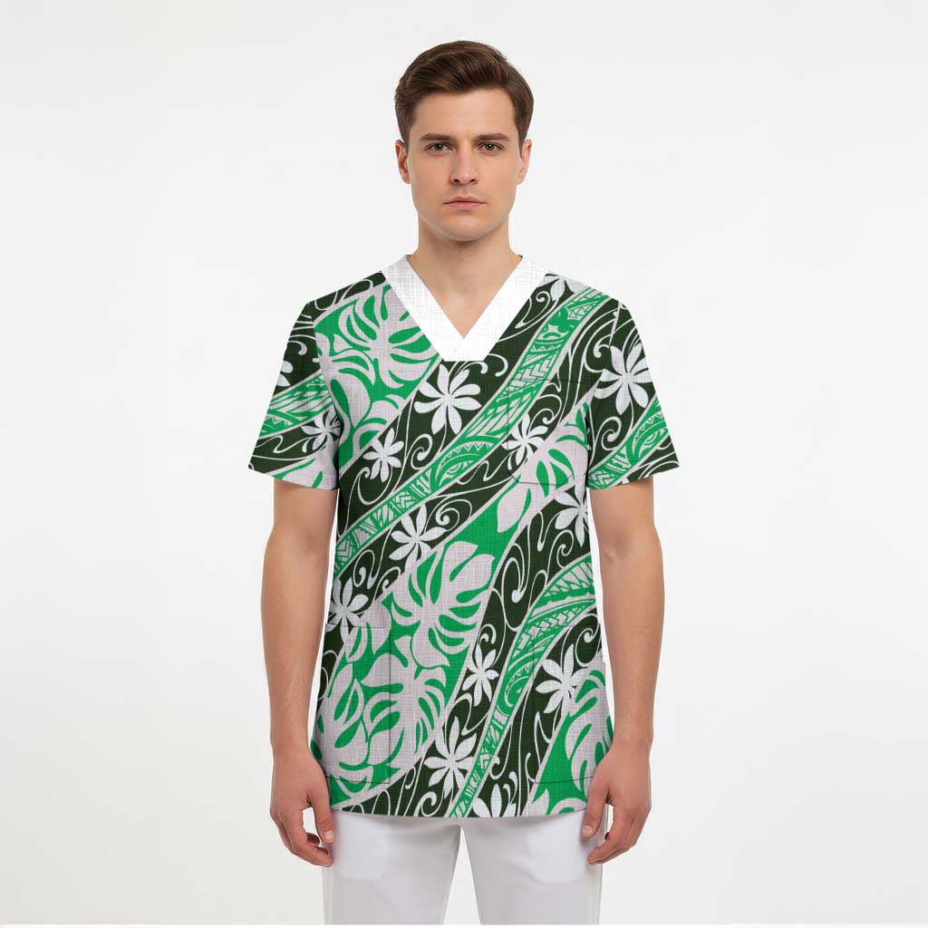 Matie Tahiti Tiare Monstera Scrub Top Polynesian Pattern Curve Style - Polynesian Pride