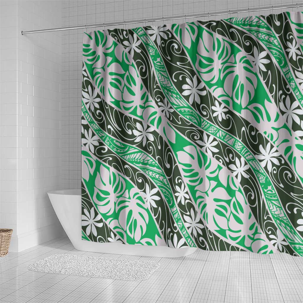 Matie Tahiti Tiare Monstera Shower Curtain Polynesian Pattern Curve Style - Polynesian Pride