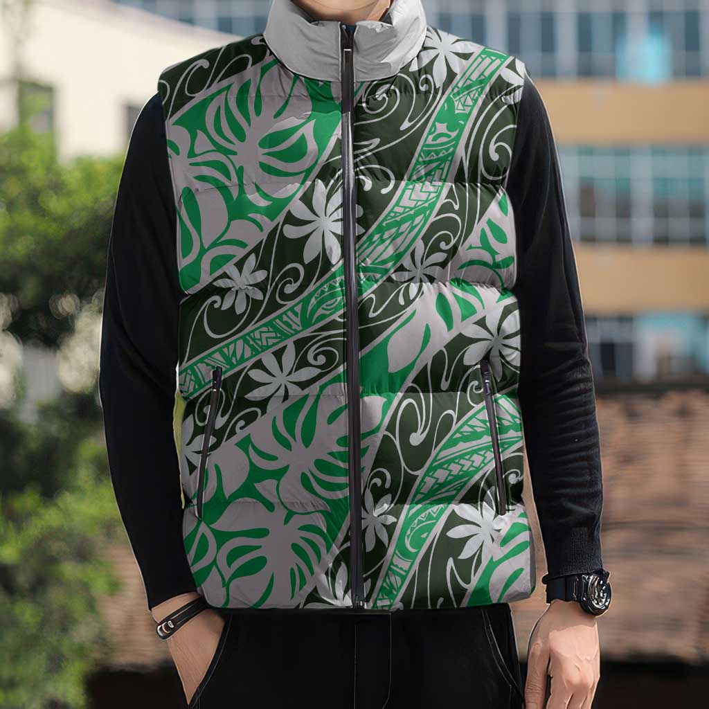 Matie Tahiti Tiare Monstera Sleeveless Puffer Jacket Polynesian Pattern Curve Style - Polynesian Pride