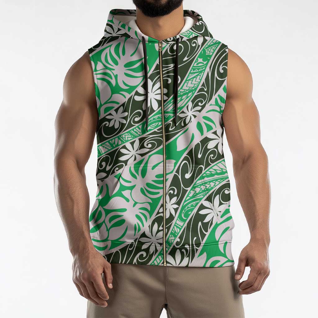 Matie Tahiti Tiare Monstera Sleeveless Zip Hoodie Polynesian Pattern Curve Style - Polynesian Pride