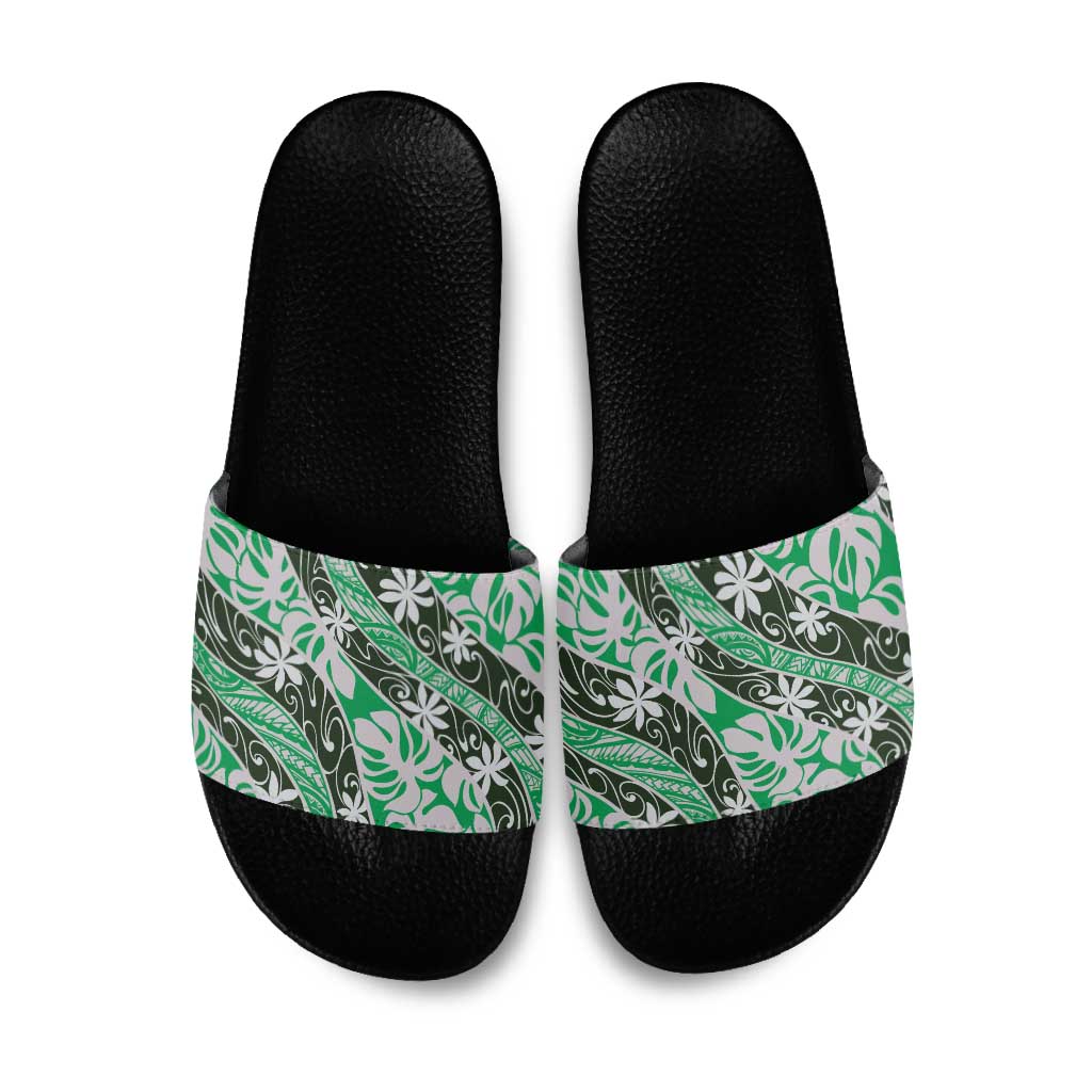 Matie Tahiti Tiare Monstera Slide Sandals Polynesian Pattern Curve Style - Polynesian Pride
