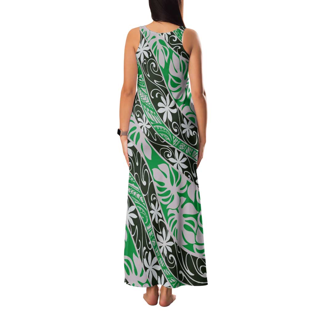 Matie Tahiti Tiare Monstera Tank Maxi Dress Polynesian Pattern Curve Style - Polynesian Pride