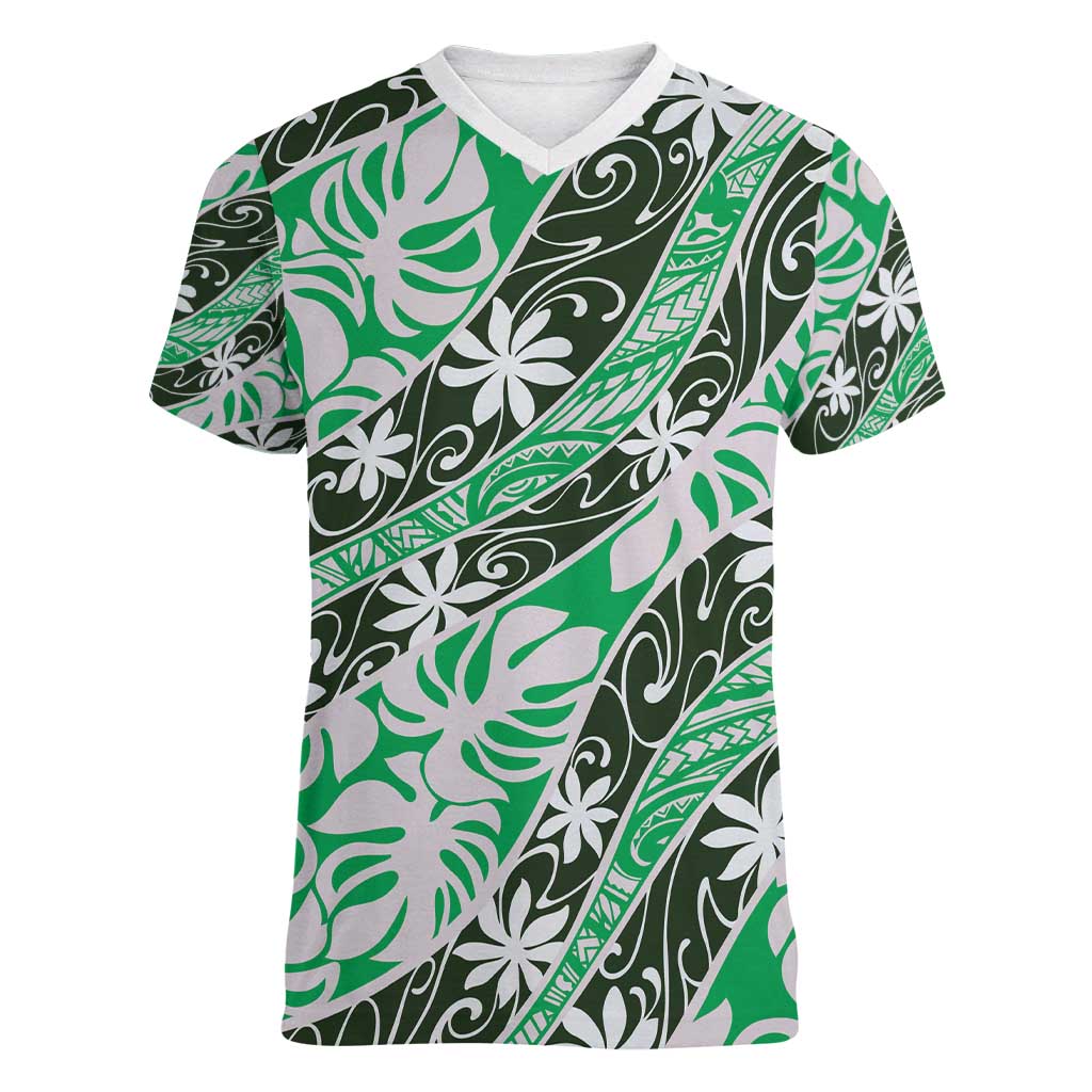 Matie Tahiti Tiare Monstera Women V-Neck T-Shirt Polynesian Pattern Curve Style - Polynesian Pride
